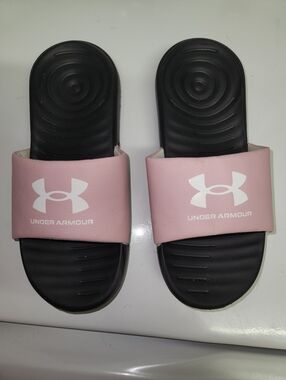 Under Armour Pink and Black Slide Sandals with White Logo